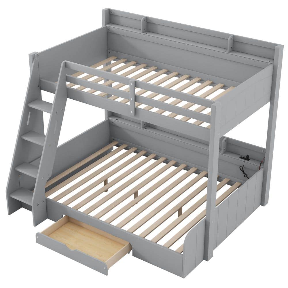 Gray Twin over Full Bunk Bed with Storage Shelves, Drawer, LED Light and Charging Station price history on PriceWatchPro