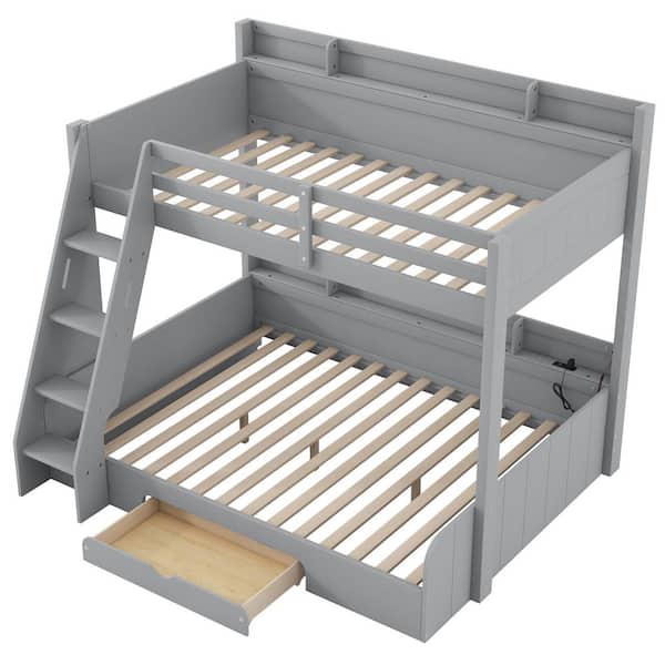 Gray Twin over Full Bunk Bed with Storage Shelves, Drawer, LED Light and Charging Station