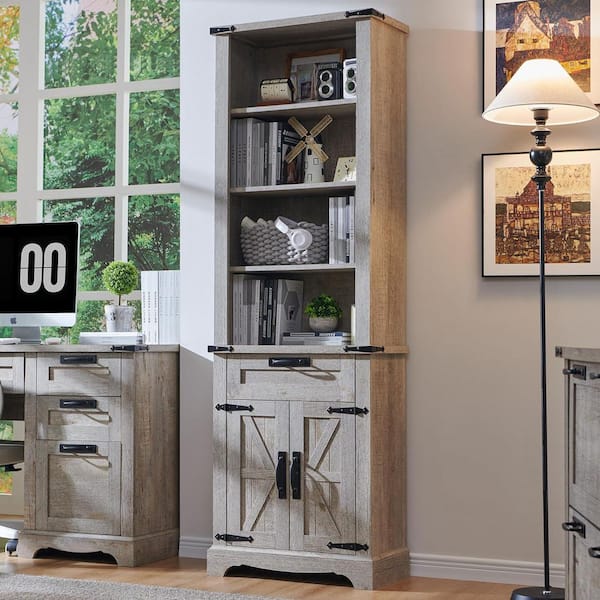 72 in. Tall Light Rustic Oak Wood 4-Shelf Standard Bookcase with Drawer and Adjustable Shelves