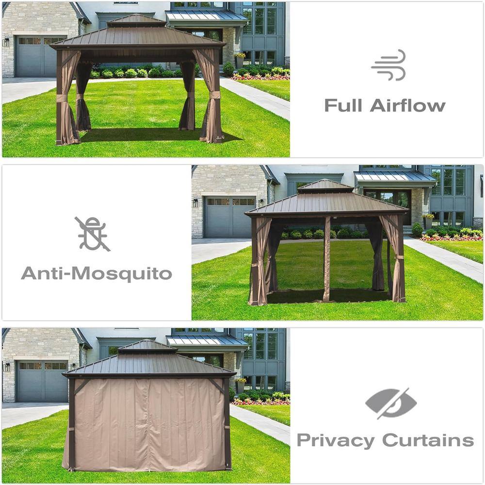 10' x 10' Dark Brown Aluminum Hardtop Gazebo with Curtains and Netting