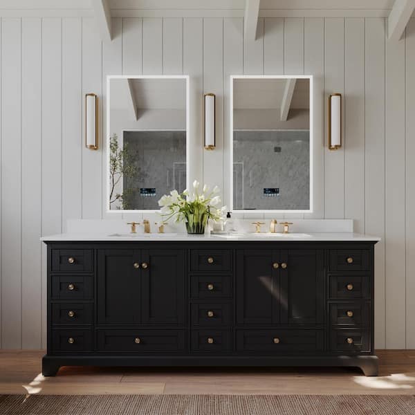 Audrey 84 in. W x 22 in. D x 34.3 in. H Double Sinks Bath Vanity in Black Onyx with Alpine White Quartz Top