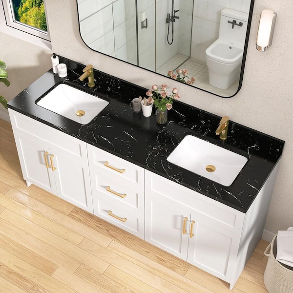 66 in. W x 22 in. D Quartz Stone White Rectangular Undermount Double Sink Vanity Top in Black with 4 in. H Backsplash
