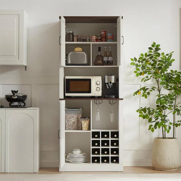 76 in. H Tall Farmhouse Kitchen Faux Rattan Wine Cabinet Kitchen Bar Cabinet with Square Compartments and Shelves