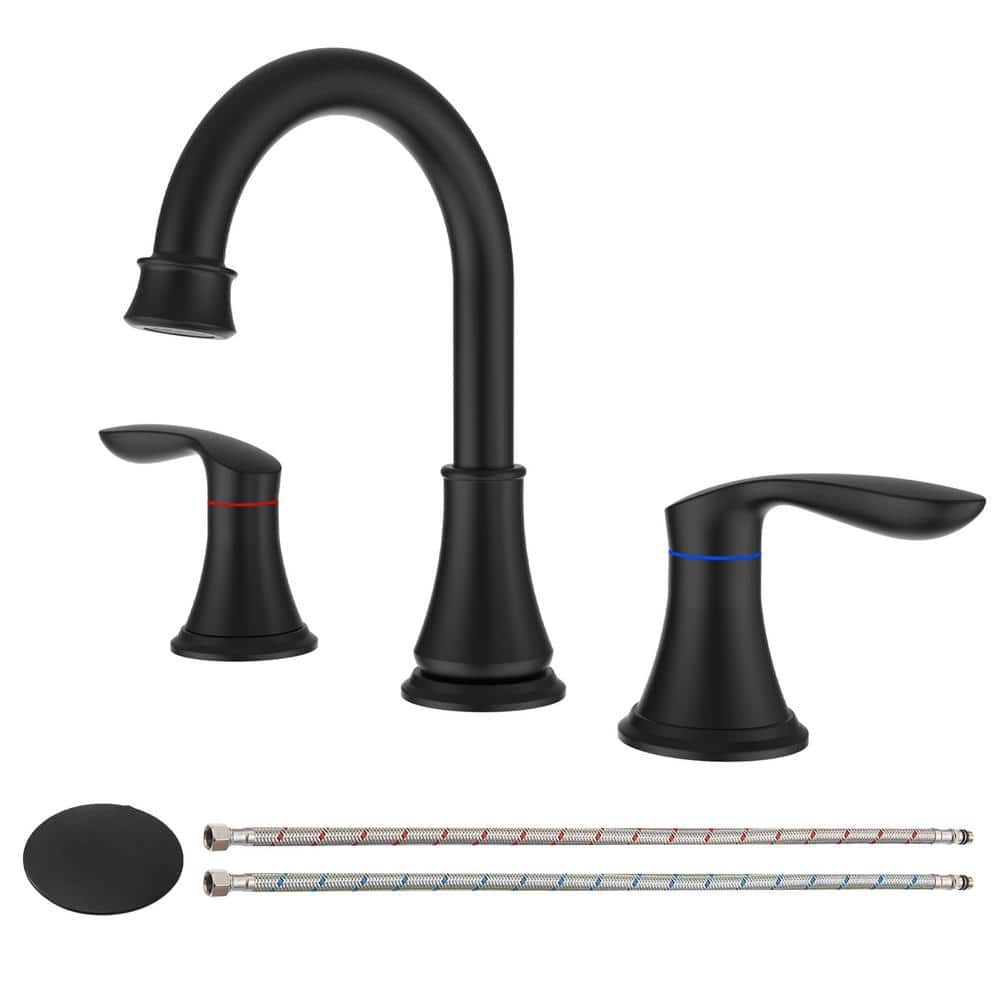 Modern 8 in. Widespread Double-Handle 360 Degree Swivel Spout Bathroom Faucet with Drain Kit Included in Matte Black -  UPIKER, UP2302BFB3008MB