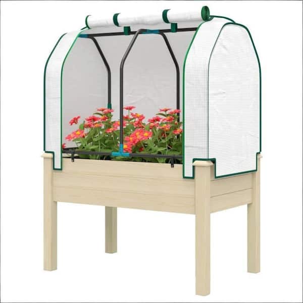 Compact Raised Garden Bed with Protective Cover, Outdoor Wooden Planter Box with Legs for Vegetables, Herbs and Flowers