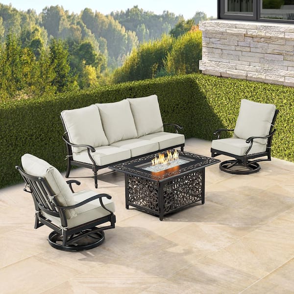 Oakland Living Black 5-Piece Aluminum Patio Fire Table Set with Light Grey Cushions