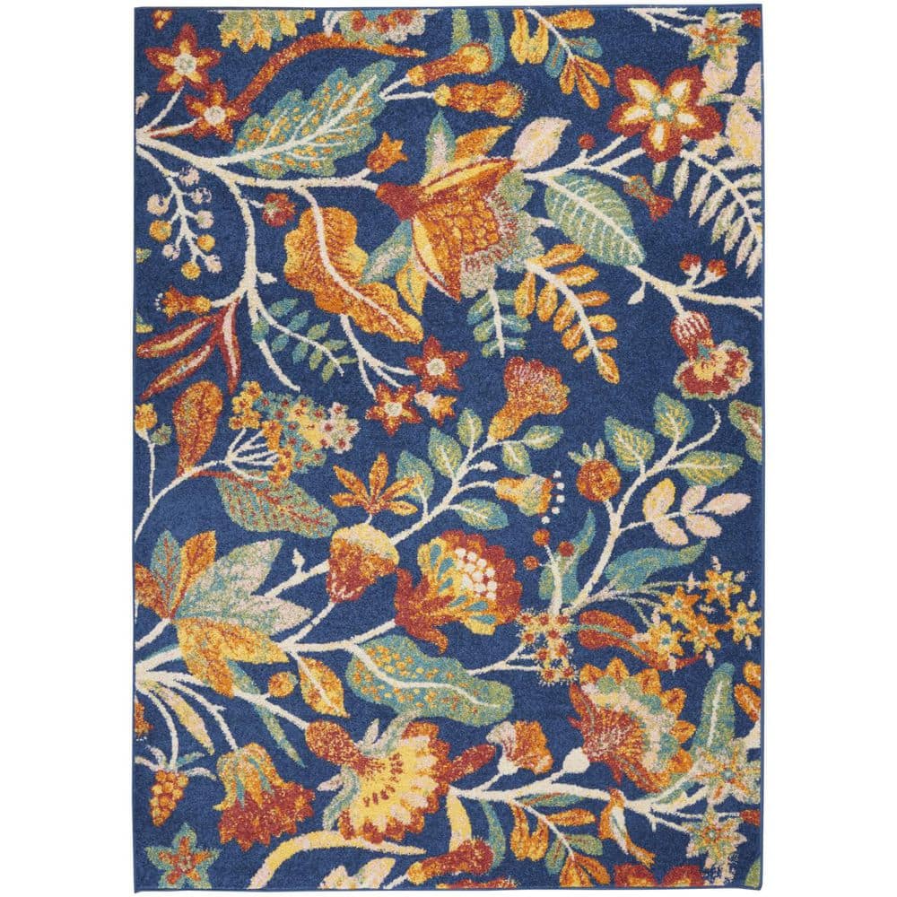 HomeRoots 5 ft. x 7 ft. Blue and Yellow Floral Power Loom Area Rug ...