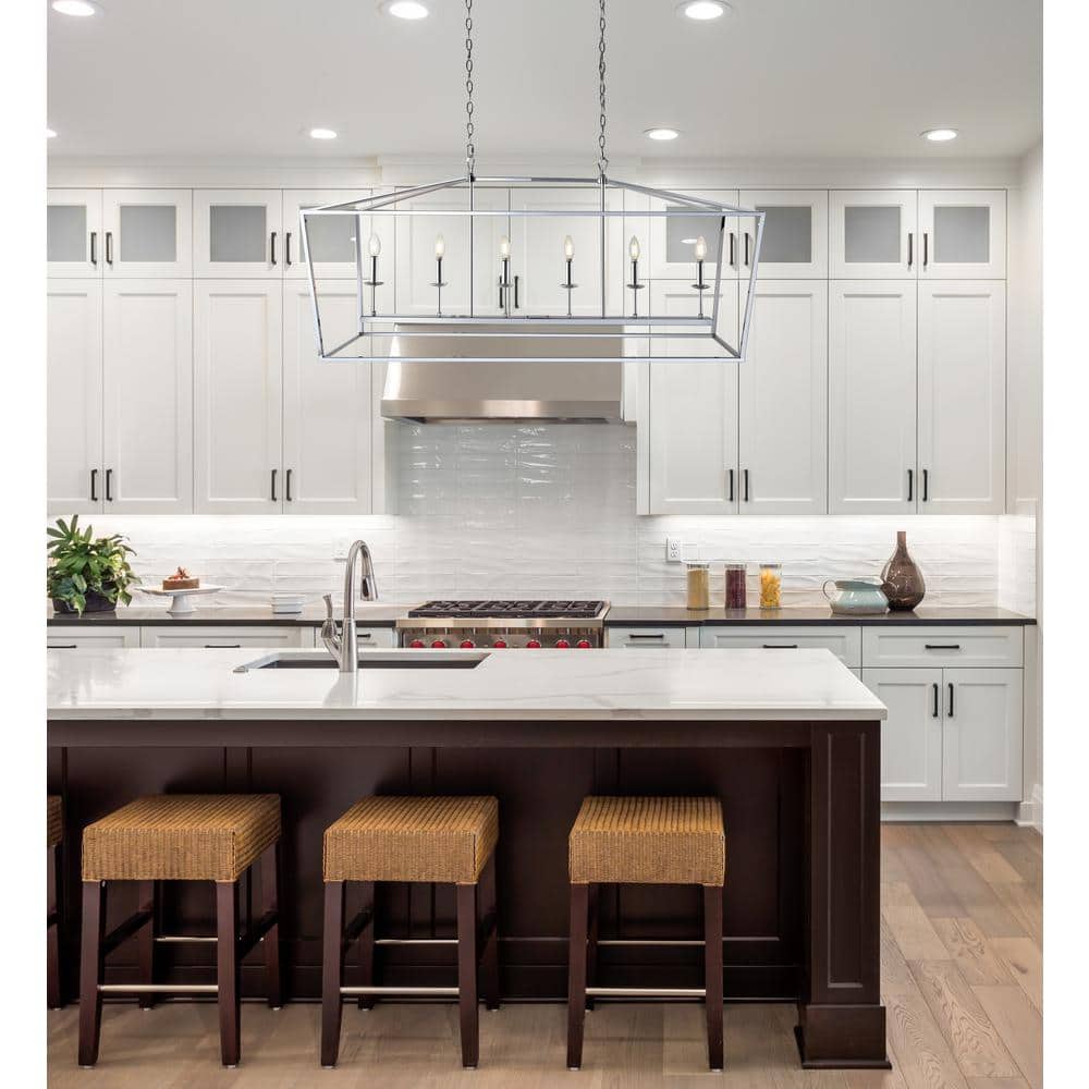 Pagoda-Inspired Chrome 49" Linear LED Pendant with 6 Candle Bulbs