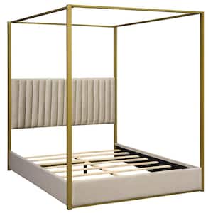 Beige Wood Frame Queen Size Platform Bed with Headboard and Metal Frame