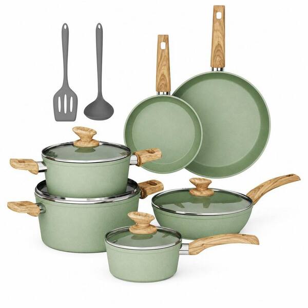 12 Piece Green Nonstick Aluminum Cookware Set, Granite Kitchen Cookware Induction Compatible, Pot and Pan Sets