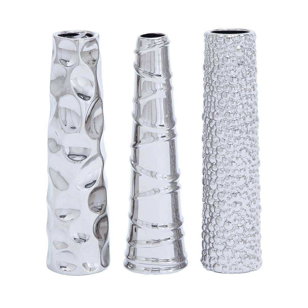 Elegant Trio Silver Ceramic Decorative Vases 12" Set of 3