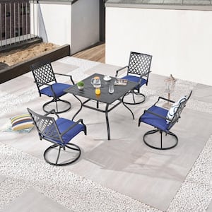 5-Piece Square Metal Outdoor Dining Set with Blue Cushions