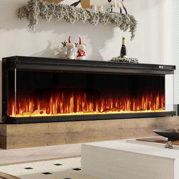60 in. Wall Mount Electric Fireplace in Black with 3-Sided Flame Display, Adjustable Multi-Color Flames, WiFi Control