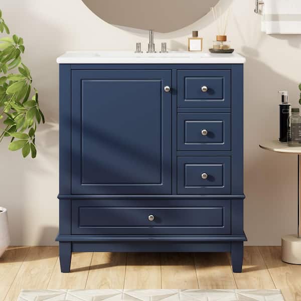 30 in. Freestanding Blue Bath Vanity with White Ceramic Top Sink and Shelf, Three Drawers