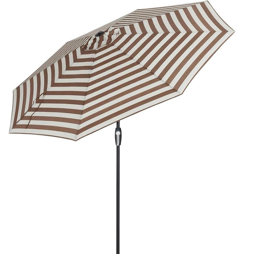 9 ft. Metal Market Tilt Patio Umbrella in Beige Taupe Stripe with Auto Tilt