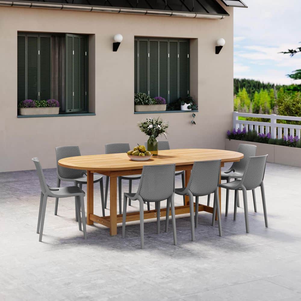 Limania 9-Piece Teak Finish Wood 100% FSC Oval Outdoor Dining Set Grey