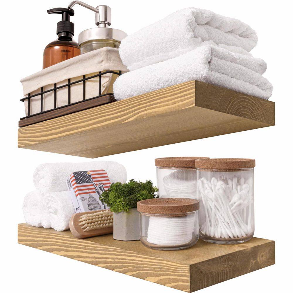 16 in. W x 6.7 in. D Solid ​Wood Gold Oak Decorative Wall Shelf (Set of 2