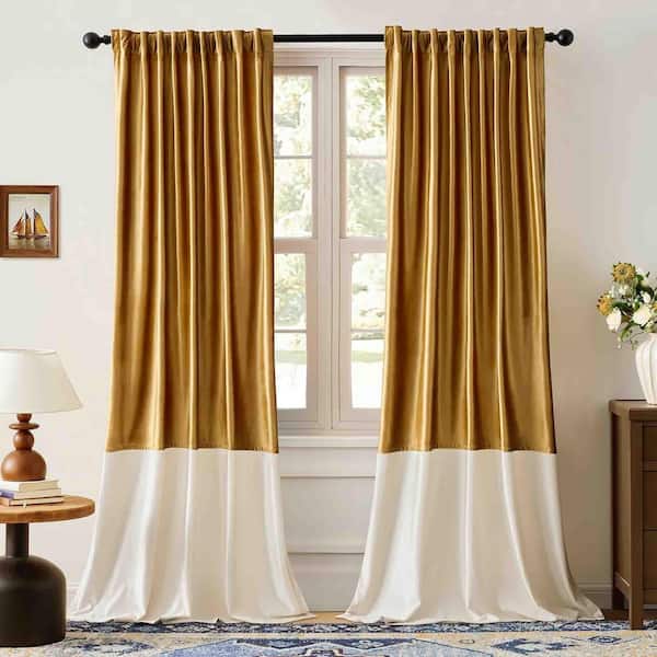 Gold Ivory Velvet 52 in. W x 96 in. L Back Tab Curtain Panels(2-Panels)