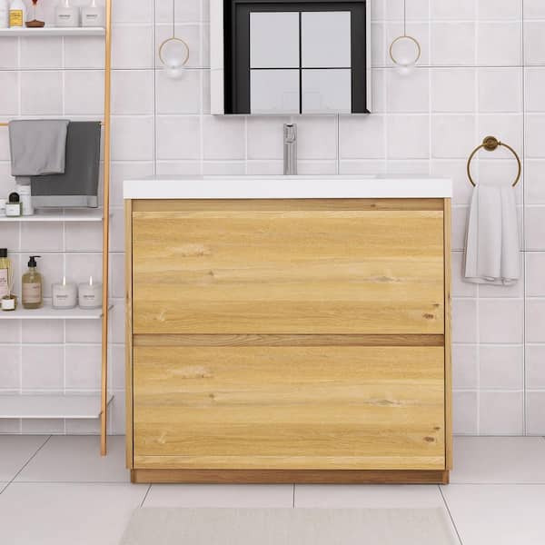36 in. W x 19 in. D x 32 in. H Single Sink Freestanding Bath Vanity in Natural Oak with White Resin Top