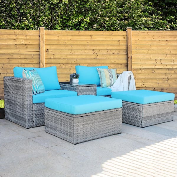 URTR 5-Piece Patio Conversation Set, Outdoor Garden Gray Wicker Rattan Sectional Sofa Set with Ottoman & Table, Blue Cushion