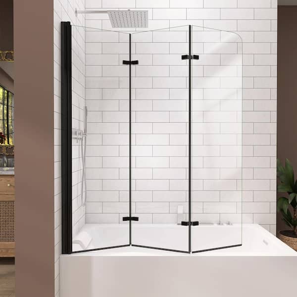 NTQ 51 in. W x 59 in. H Frameless Folding Tub Shower Door Pivot Glass Bathtub Door in Matte Black with 1/4 in. Clear Glass