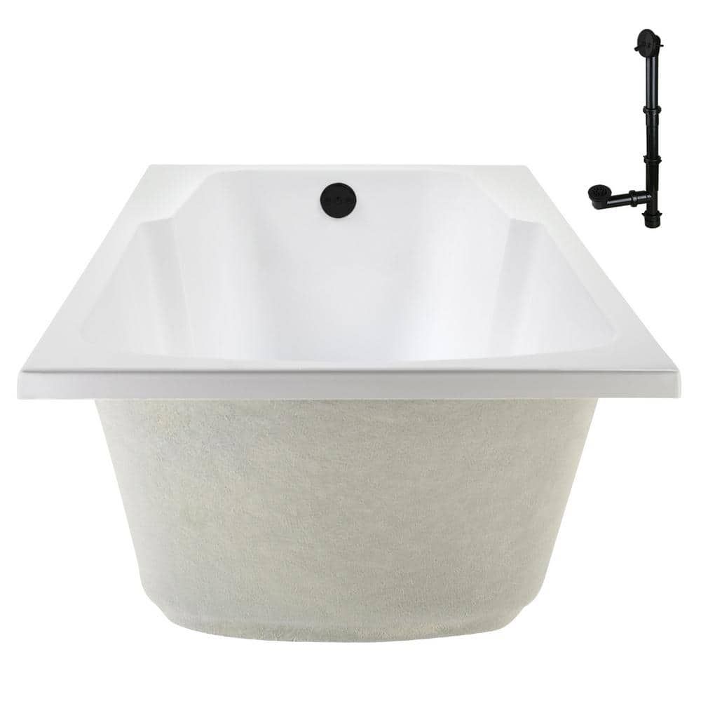 60'' Glossy White Acrylic Drop-In Soaking Bathtub with Matte Black Drain