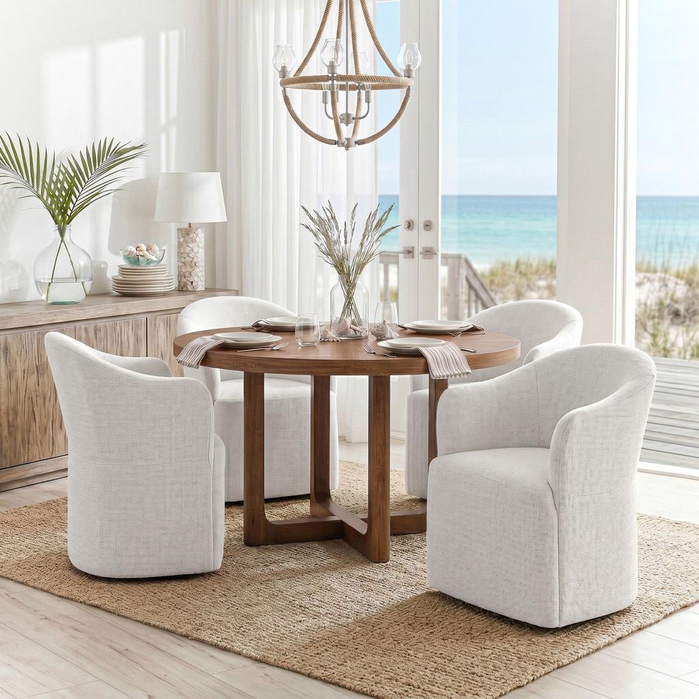 Issac 5-Piece Round Walnut Wood Top Dining Room Set with Pristine White Tight Back Upholstered Arm Chair (Seats 4)