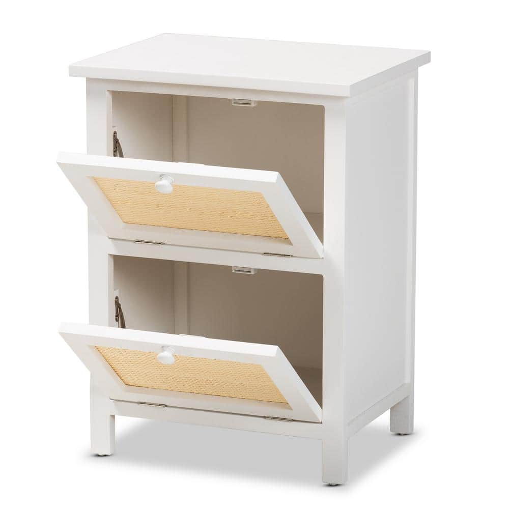 Sariah Mid-Century Rattan Accented 2-Drawer Nightstand - White