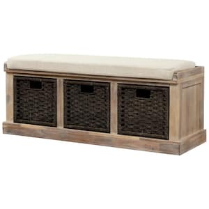 43.7 in. Rustic Entryway Storage Bench with 3-Removable Classic Rattan Basket, Removable Cushion - White Washed