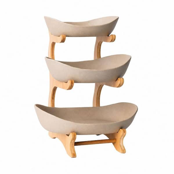 1 Piece 3-Tier Bamboo Stand Porcelain Fruit Bowls Set for Kitchen Counter, Party and Wedding