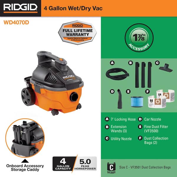 Ridgid Wet Dry Vacuums VAC4000 Powerful and Portable Wet Dry Vacuum Cleaner, Includes 4-Gallon, 5.0 Peak Horsepower Wet Dry Auto Vacuum Cleaner for