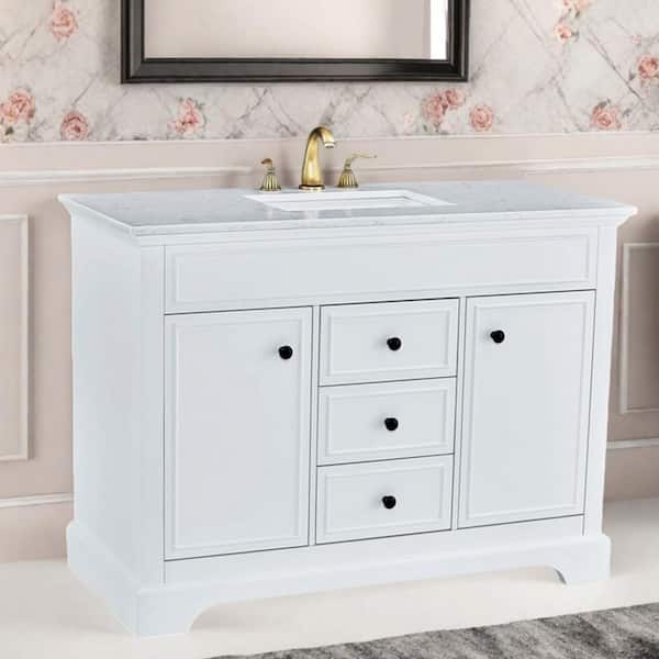 48 in. Freestanding White Bath Vanity with White Carrara Marble Top Assembled