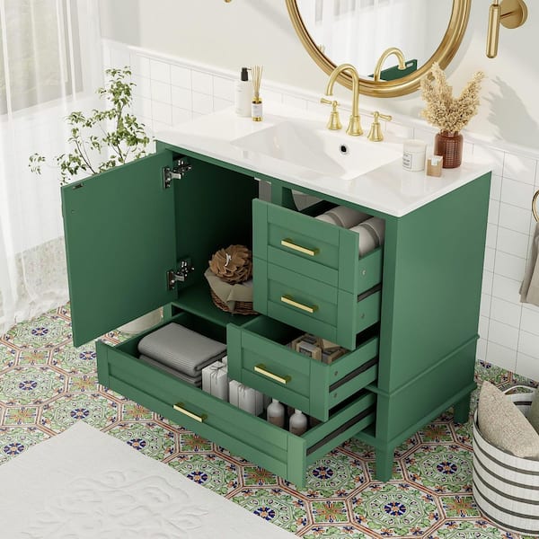 36 in. Single Sink Freestanding Green Bath Vanity with White Ceramic Top and 3 Drawers Storage Door Cabinet Unassembled