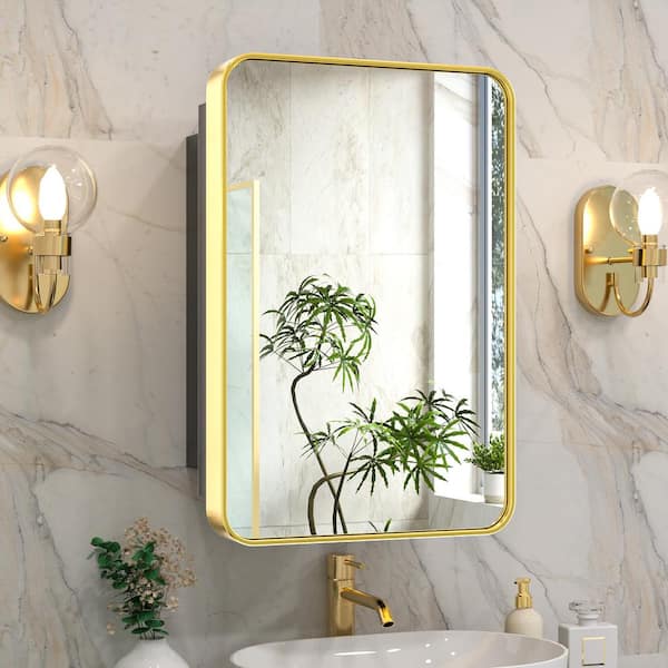 KeonJinn 17 in. W x 25 in. H Rectangular Brass Gold Stainless Steels  Framed Recessed/Surface Mount Medicine Cabinet with Mirror