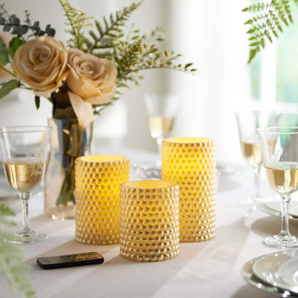 Golden Faceted Beads Wax LED Pillar Unscented Candle (Set of 3)