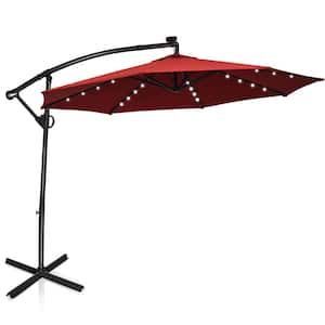 10 ft. Aluminum Cantilever Solar Powered Hanging Patio Umbrella With Cross Base and Pole in Burgundy