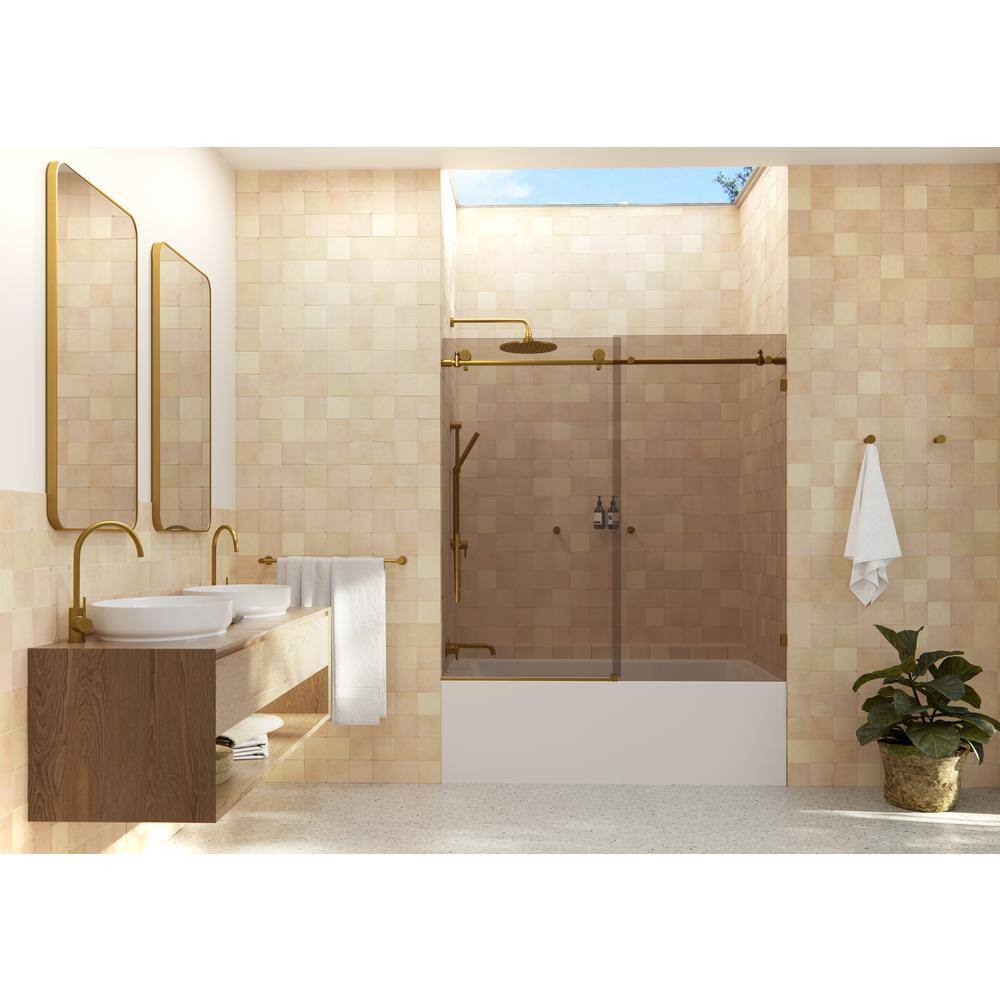 Equinox 60" Frameless Bronze Tinted Sliding Bathtub Door with Brass Finish
