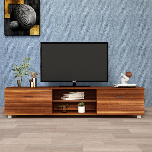 63 in. Walnut TV Stand Fits TV's up to 70 in. with 2-Storage Cabinet and Open Shelves