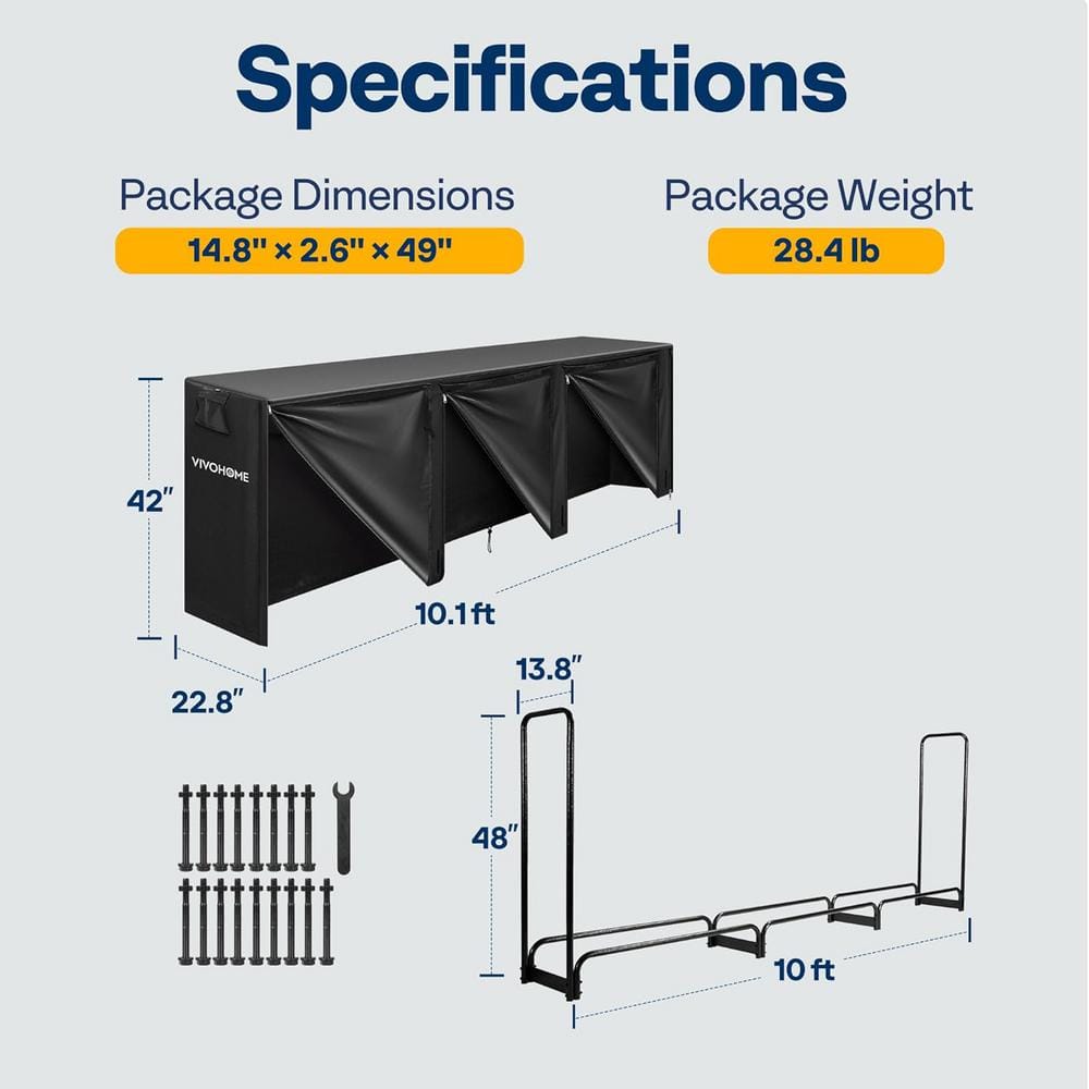 10 ft Black Heavy Duty Outdoor Firewood Rack with Cover