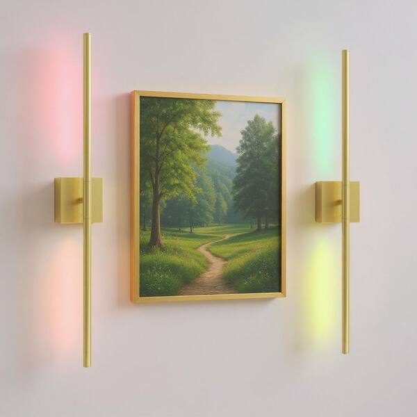 28 in. 2-Light Gold Wall Sconces, Wireless LED 3CCT-RGB Wall Lights for Bedroom, Living Room, 2-Pack
