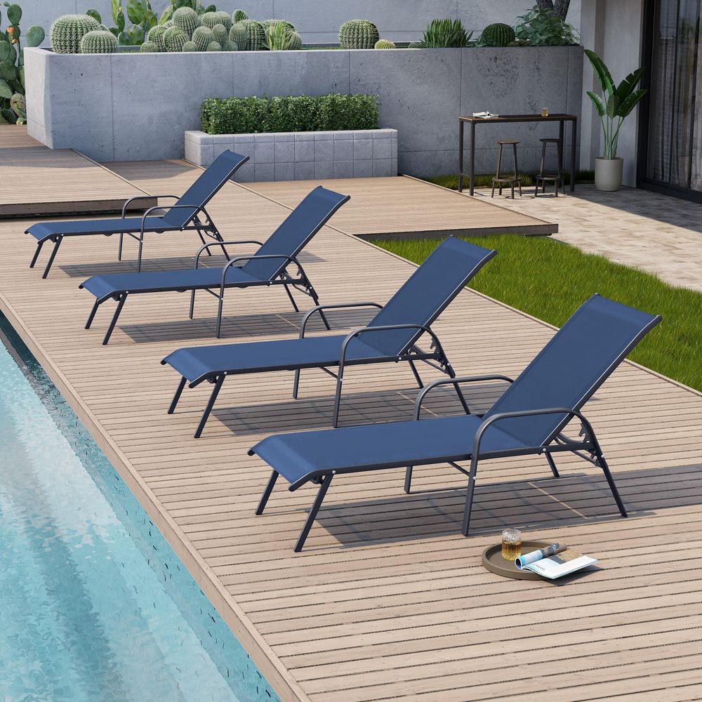 4-Piece Metal Outdoor Chaise Lounge 5-Position Adjustable Backrest and Curved Armrest Textilene Fabric in Navy for Patio price history on PriceWatchPro