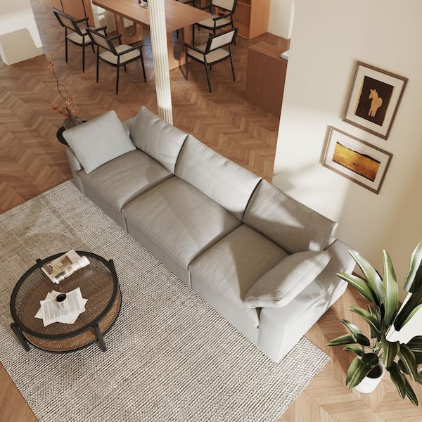Solid Wood 118 in. Square Arm Deep Seat Linen 3-Piece Cloud Modular Sectional Sofa in Gray for Living Room Apartment