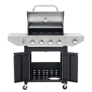 4-Burner Portable Propane Grill in Silver & Black, Barbecue Stainless Steel Gas Grill with Side Burner and Thermometer