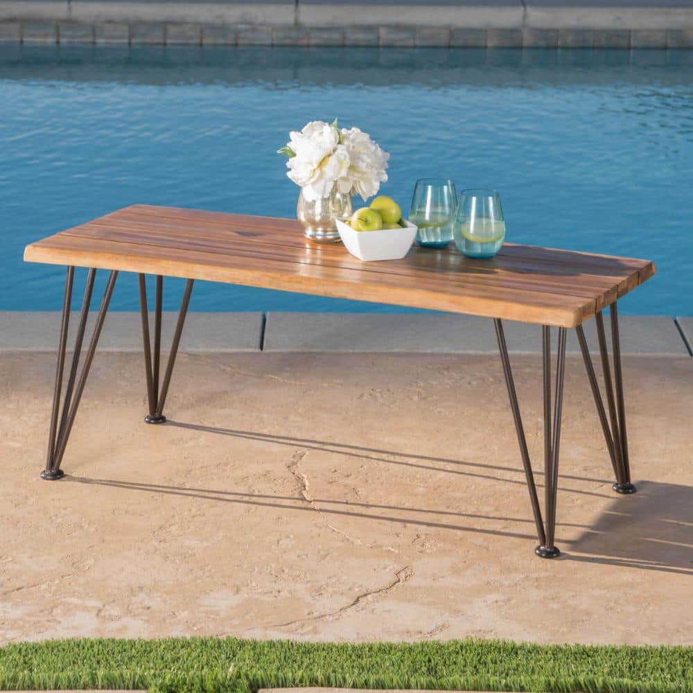 18'' H Acacia Wood Coffee Table, Teak Finish with Rustic Brown Black Metal Frame price history on PriceWatchPro
