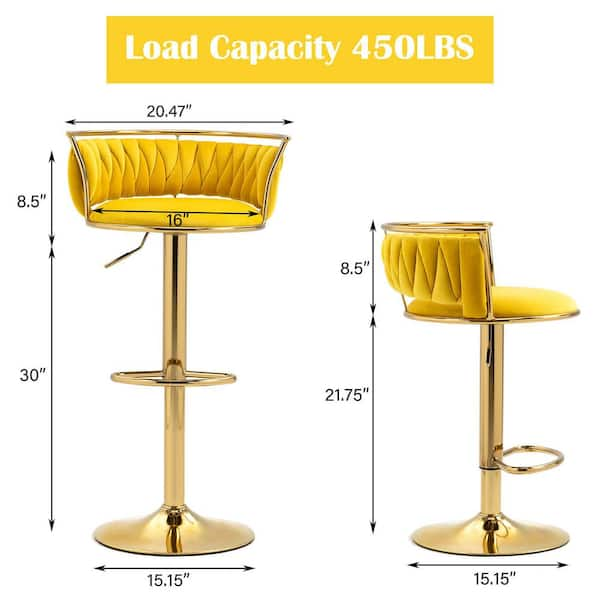 Uixe 38.5 in. Yellow Low Back Metal Frame Swivel Adjustable Height