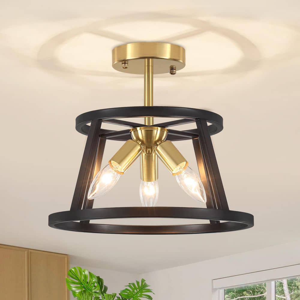 ZSMIHDOH 12.59 in. 3-Light Modern Gold Metal Drum Semi Flush Mount