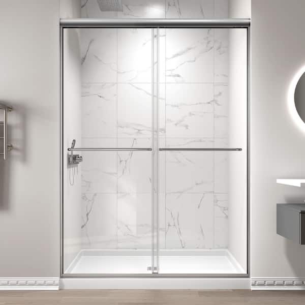 54 in. W x 70 in. H Double Sliding Semi-Frameless Shower Door in Chrome Finish with 1/4 in. (6mm) Clear Glass