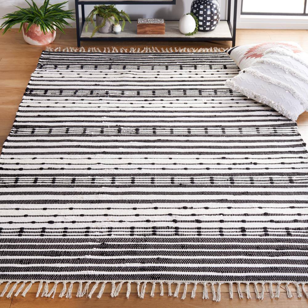 Boho Chic Black and Ivory Striped Handwoven Wool Rug