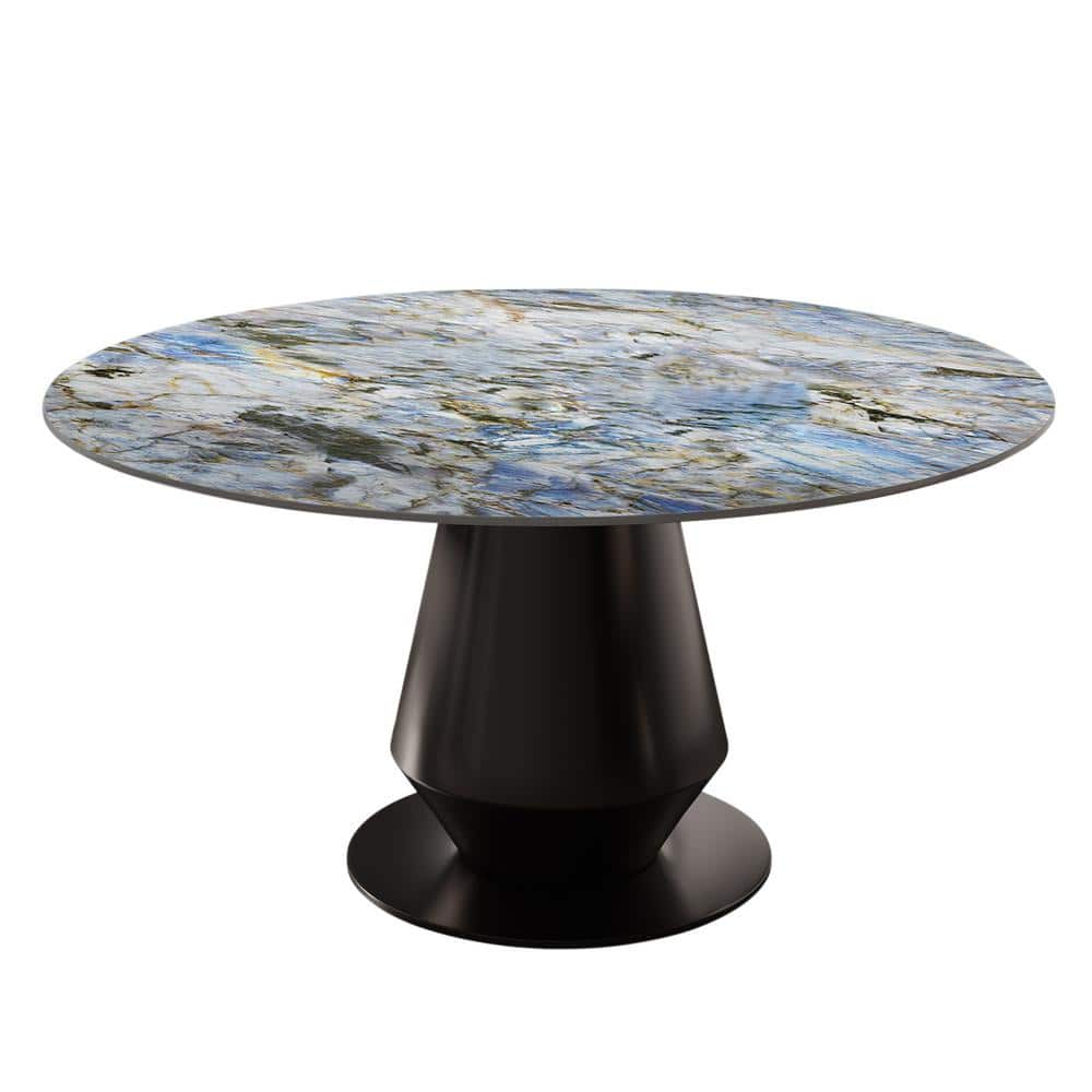 Modern Round Blue Top Sapphire Stone Tabletop 53.15 in. Carbon Steel Beaded