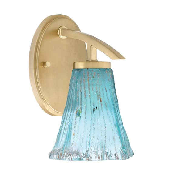 Unbranded Siena 5.5 in. 1-Light New Age Brass Sconce with 5.5 in. Fluted Teal Crystal Glass Shade No Bulb Included